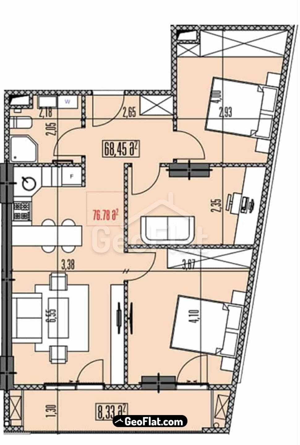For sale: Apartment in a new building on Petre Bagrationi Street, Batumi, 77 m², 3 rooms (2 bedrooms) — $85,000.